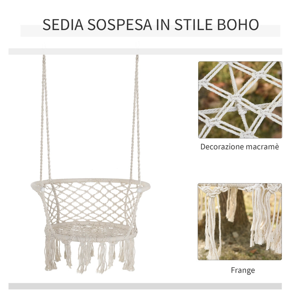 Easycomfort Amaca da Giardino in Stile Boho Chic, Sedia Sospesa in Poliestere e Macramè per Interni ed Esterni, Crema, 80x60x36cm