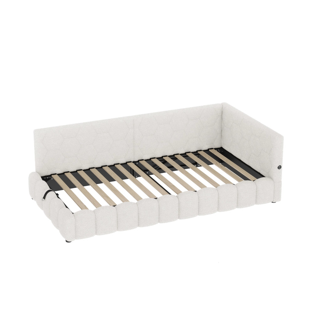 Letto daybed 90x200 cm con rete a doghe, contenitore idraulico, LED, USB e Type-C, senza materasso, bianco