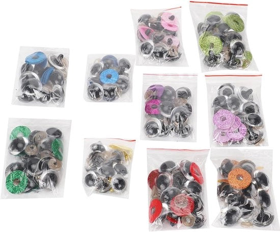 Set di Poppe per Teddy - 300 pezzi - Kunststoffo - Glitter Colorato - Inclusi occhi di sicurezza e anelli di chiusura - 10 colori - 18 mm