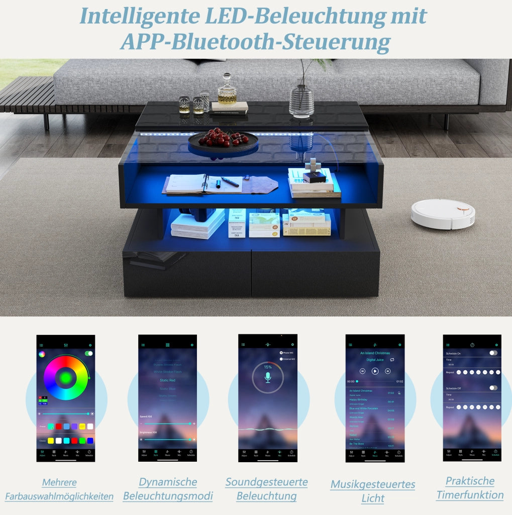 Tavolino da caffè 80x80 cm alzabile con LED, vetro e 2 cassetti