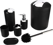 Set di accessori da bagno in 6 pezzi - flaconi di lotion, sospensione per spazzola da denti, contenitore per lo spazzolino da denti, ciotola per lo shampoo, spazzola per il water, cestino per i rifiuti - nero