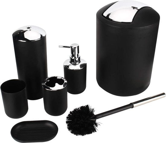 Set di accessori da bagno in 6 pezzi - flaconi di lotion, sospensione per spazzola da denti, contenitore per lo spazzolino da denti, ciotola per lo shampoo, spazzola per il water, cestino per i rifiuti - nero