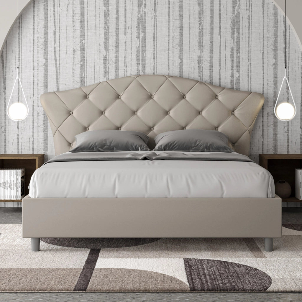 Letto Matrimoniale 160x190 cm con Rete e Contenitore con Testata Imbottito in Similpelle Langre Tortora
