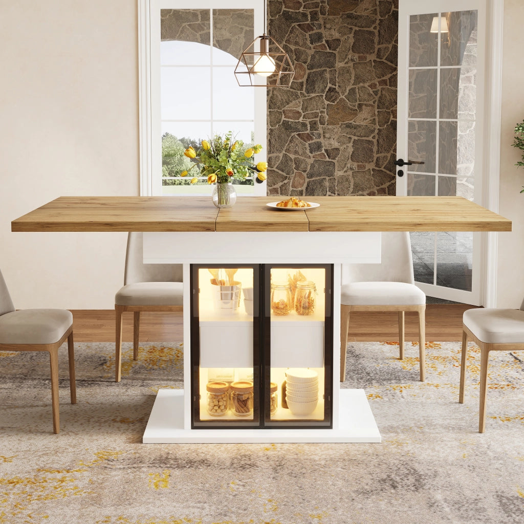 Tavolo da pranzo allungabile con 2 cassetti, ripiani regolabili, ante in vetro e LED RGB, per cucina e sala da pranzo