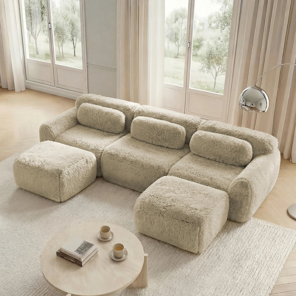 Divano Modulare a U 2-4 Posti senza Montaggio con Cuscini Base Antiscivolo Comfort Nuvola in Peluche Cachi Chiaro