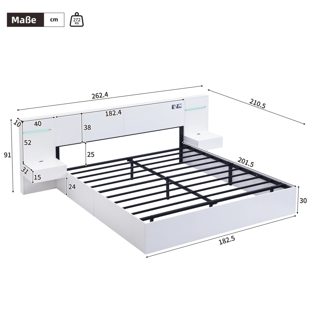 Letto 180x200 cm con Bluetooth; orologio elettronico; luci LED e USB in MDF bianco