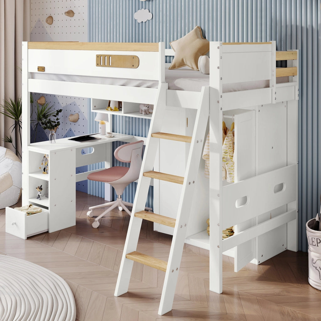 LETTO A CASTELLO con scrivania e armadio 90 x 200 cm bianco naturale