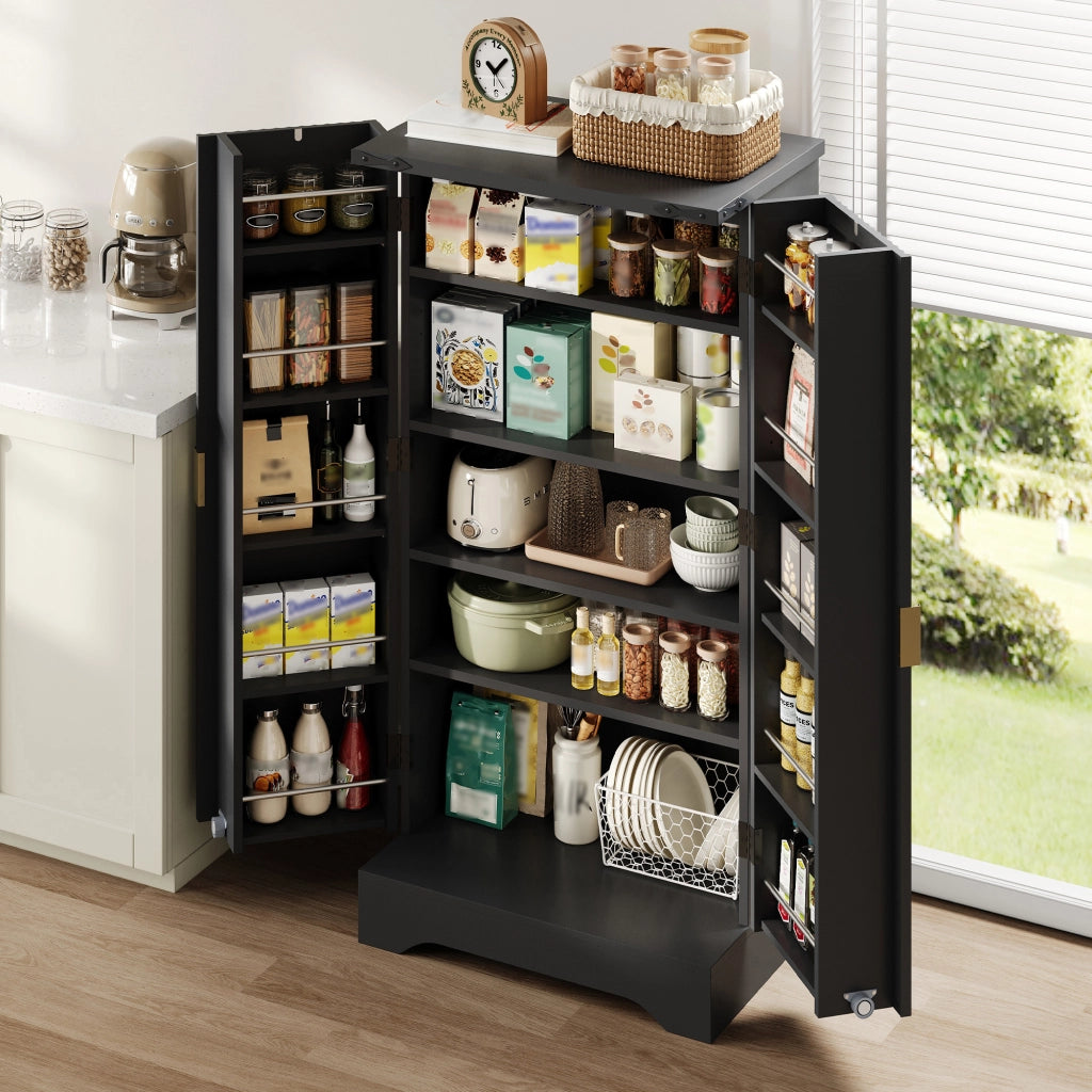 Dispensa alta con LED e ripiani regolabili con 2 ante e vani per cucina e soggiorno in MDF nero 120 × 60,5 × 40 cm