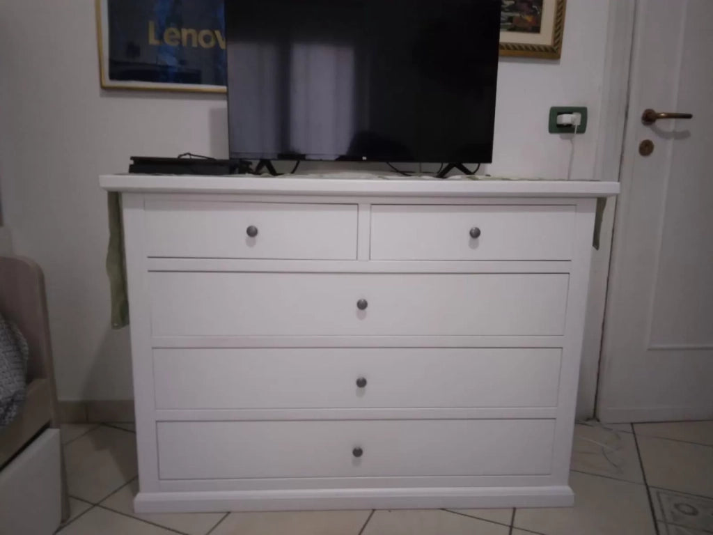 Gruppo como' a 5 cassetti  e 2 comodini a 3 cassetti laccato bianco opaco (1364) - Mobili 2G