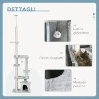 Albero Tiragraffi per Gatti a Soffitto con Piattaforme e Casetta, 60x40x225-255cm, Grigio