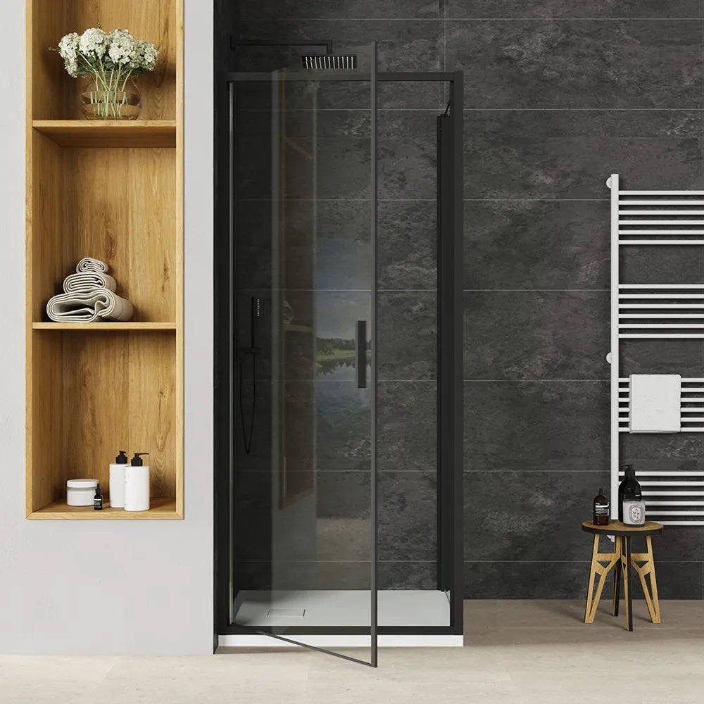 Box doccia slim 75x80cm con porta a battente e parete fissa profili nero opaco e vetro 6mm trasparente h190| Portofino