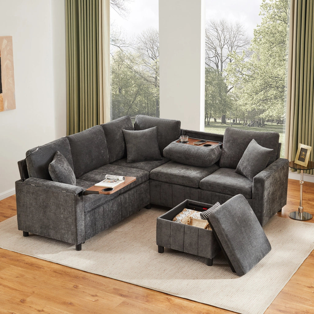 Divano angolare letto con contenitore; tavolino e lampada; in chenille grigio
