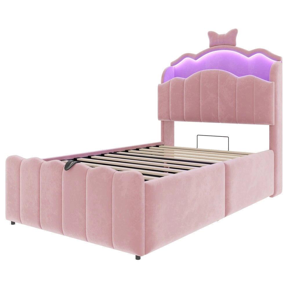 Letto imbottito per bambini con contenitore ¨C Minimal ¨C rosa velluto 90x200cm testiera led idraulico