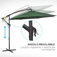Ombrellone da Esterni Decentrato con Manovella, in Acciaio e Poliestere Anti-UV, 3x2.5 m, Verde