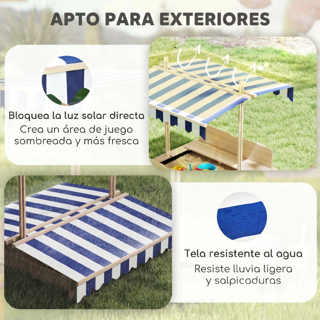 Sabbiera per bambini con tettoia regolabile e panchine - Xylo - Legno naturale 106x106x115 cm