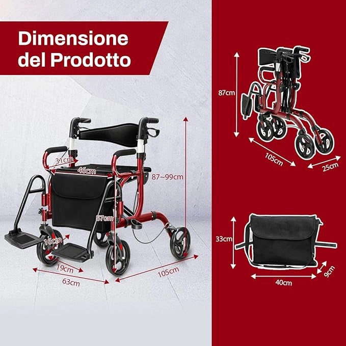Deambulatore 2 in 1 per Anziani in Alluminio, Rollator Pieghevole e Regolabile in Altezza con Sedia, Schienale Reversibile, Manici Regolabili, Ruote, Poggiapiedi e Borsa Rimovibile (Rosso)