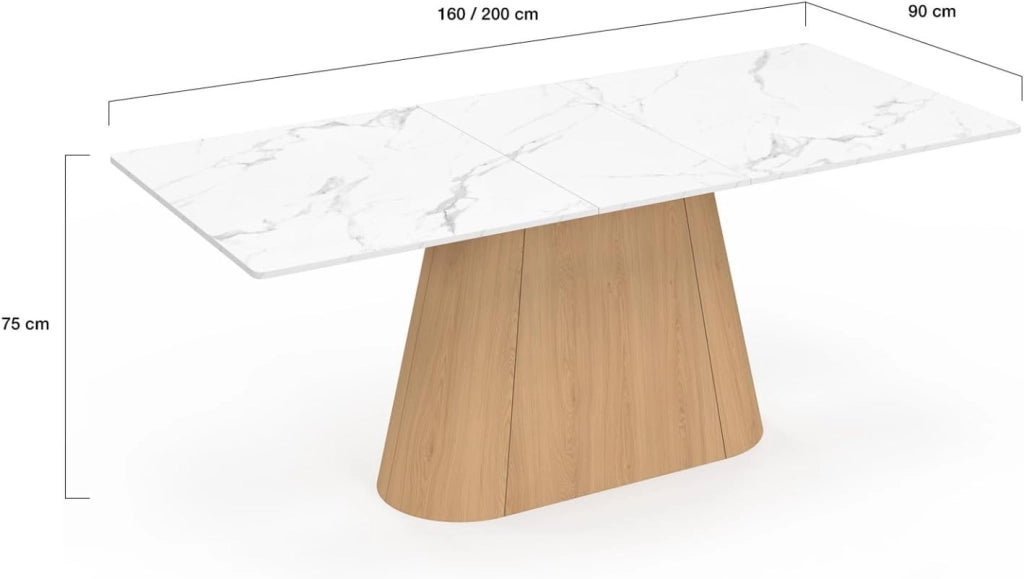 Tavolo da pranzo allungabile rettangolare Rhonda 6-10 Persone piano marmo bianco Alaska e legno in legno faggio 160-200 cm