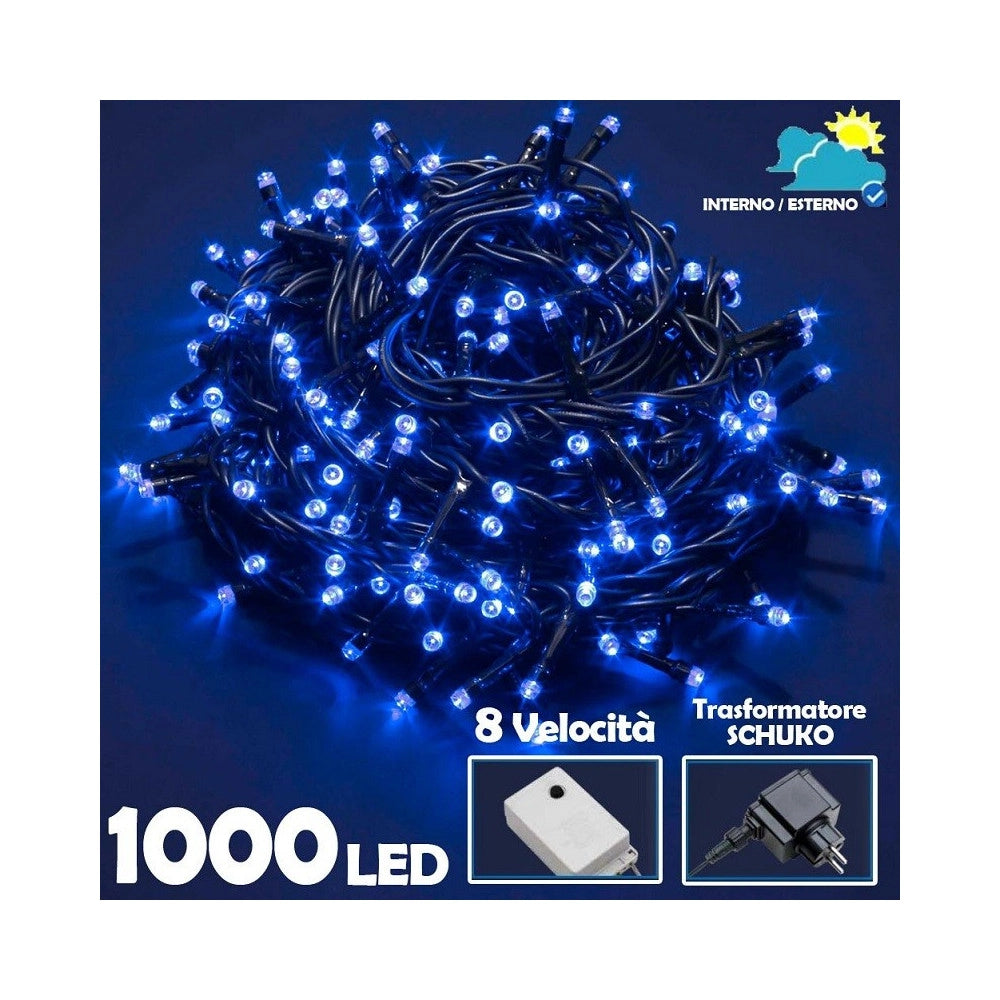 Trade Shop - Catena Luminosa 1000 Luci Led Lucciole Blu Controller 8 Funzioni Interno Esterno -