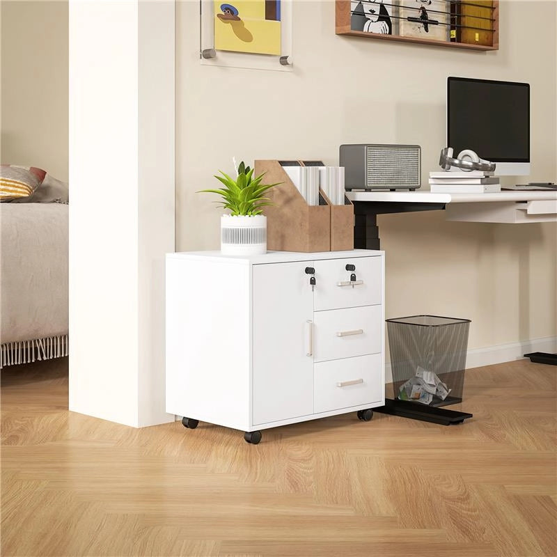SCHEDARIO PER UFFICIO CON 3 CASSETTI E ARMADIETTO CON 3 RIPIANI REGOLABILI, IN LEGNO, 60X40X56 CM, BIANCO