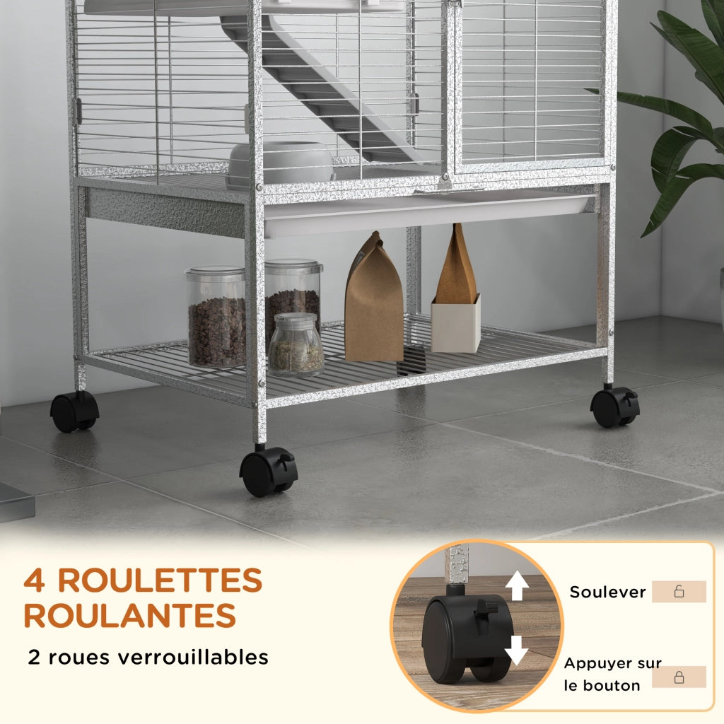 Gabbia per piccoli animali 2 livelli con ruote ¨C zephmum ¨C grigio 61.5x44.5x86 cm