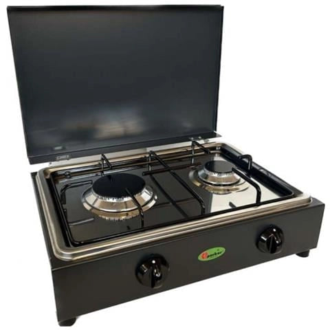 Parker srl parker fornello da tavolo grigio grafite con piano in acciaio inox 2 fuochi con piano removibile per la pulizia alimentazione gas gpl (bombole) per uso esterno - fo200gspg - 8052780604376