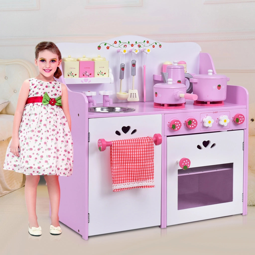 Giocattolo da cucina per bambini in legno a tema fragole con accessori 13 pezzi 60x30x62cm Rosa-Cucine giocattoli