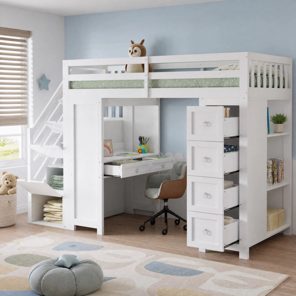 LETTO a soppalco multifunzione 90x200 cm bianco con scrivania e cassetti