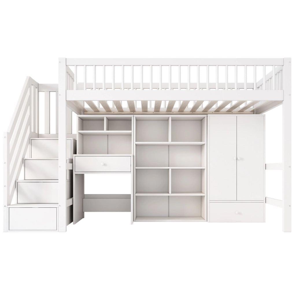 Letto a soppalco ULEVR 90x200 cm con scrivania, scala contenitore e armadio, bianco