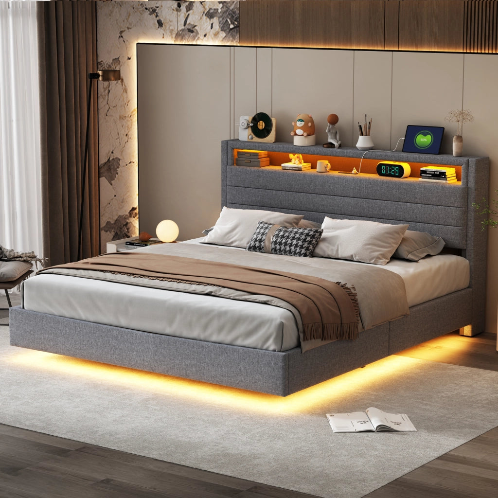 LETTO Contenitore Idraulico 160x200 cm Tessuto Grigio con USB e LED