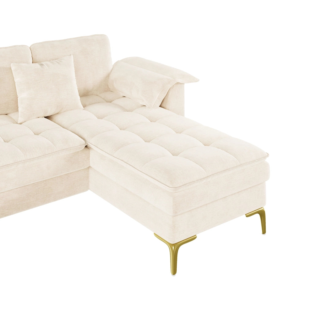Divano angolare modulare a U per 4-5 persone in ciniglia beige con doppia imbottitura e penisole
