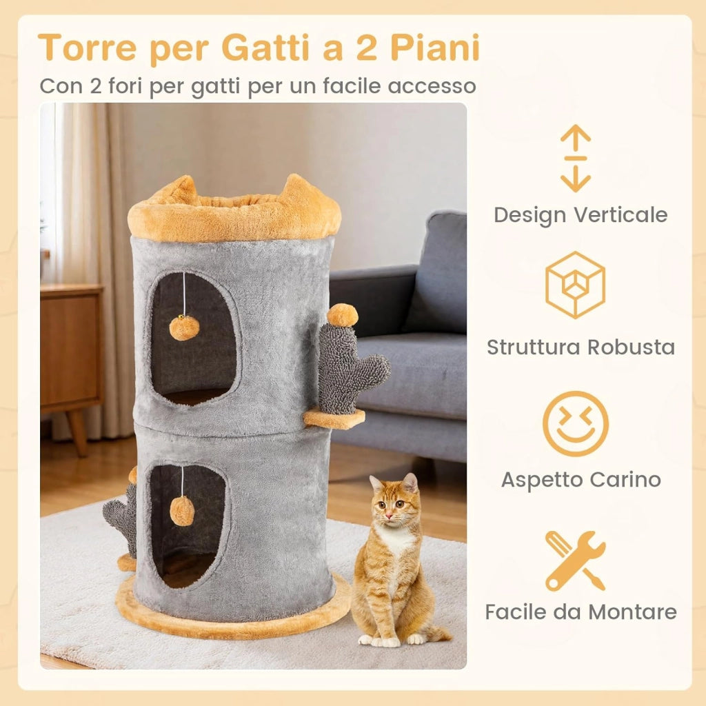 Cuccia per Gatti a 2 Piani, Albero per Gatti con 2 Comode Casette, 2 Palline Pendenti in Peluche, Piattaforma Imbottita in Peluche, Mobile Grotta per Gatti, Nascondiglio a Forma di Barile