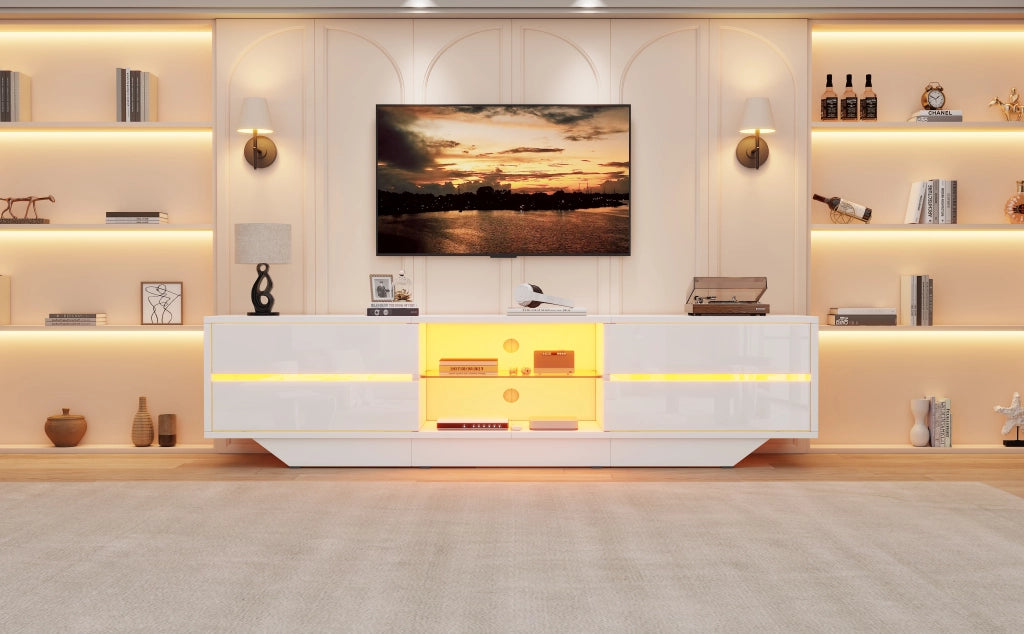 Mobile porta TV con LED e 2 ante 4 vani e ripiano in vetro regolabile per soggiorno bianco 160 × 35 × 44,5 cm