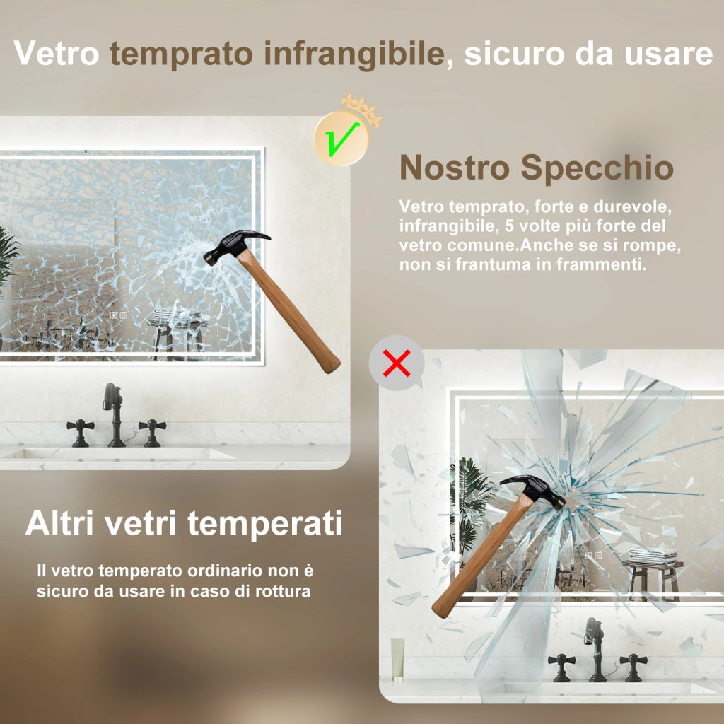 Specchio bagno Rettangolare 100x60cm Led Con 3 Luci + Bluetooth + Antiappannamento