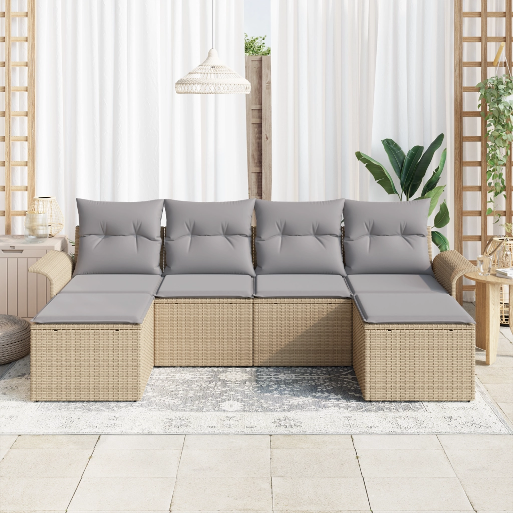 Set Divano Giardino 6 Pezzi con Cuscini Beige Poly Rattan