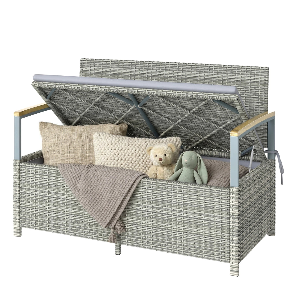 Panchina Giardino Polyrattan 2 Posti con Cuscini e Braccioli Legno ¨C Zephmum ¨C 170L