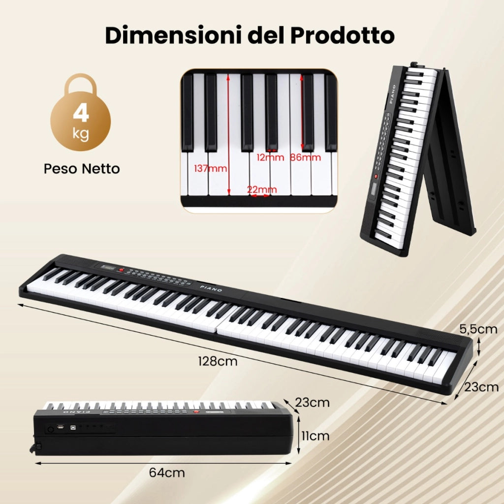 Tastiera elettronica pieghevole con tasti semipesati funzione split pedale sostenuto-Tastiera piano 88 tasti con doppi altoparlanti Nero