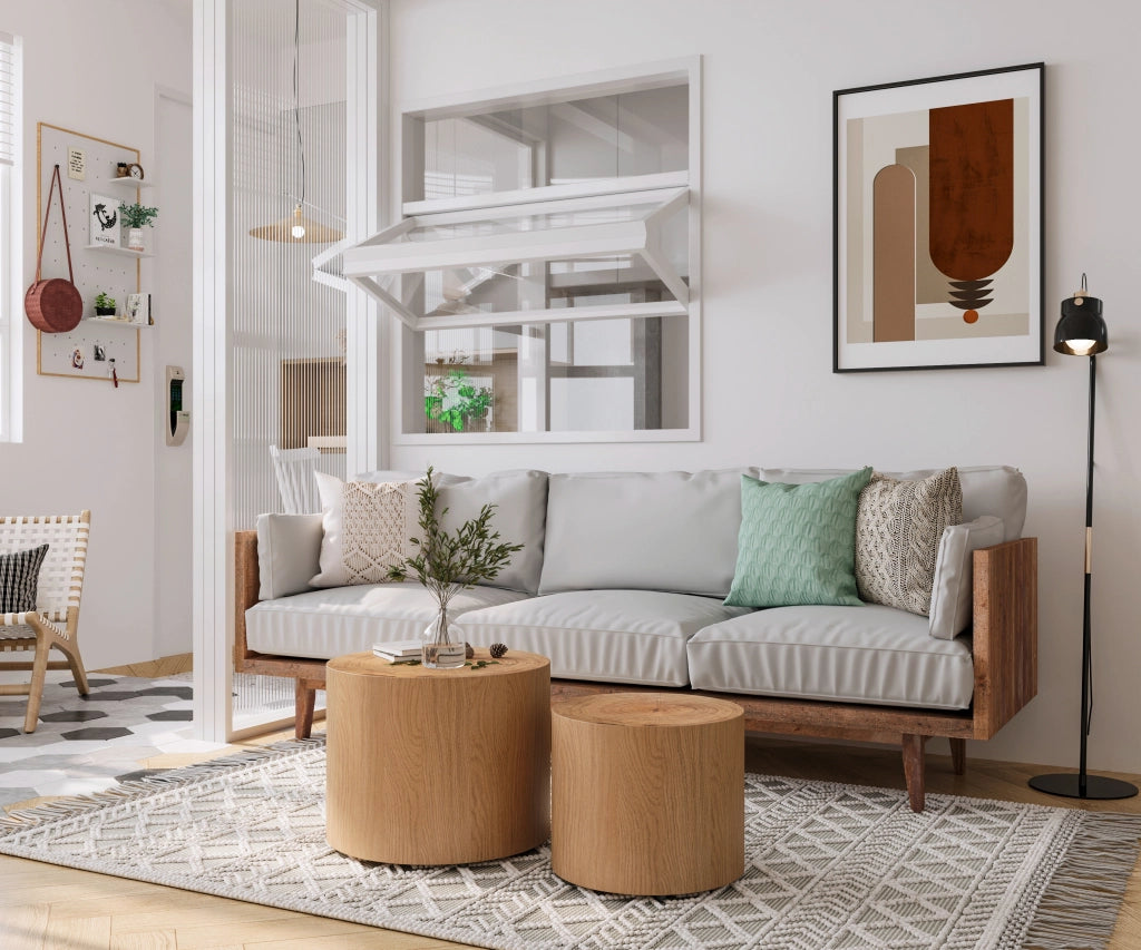 Tavolini bassi impilabili set da 2 con piano effetto anello naturale, per soggiorno, in legno e MDF, stile moderno