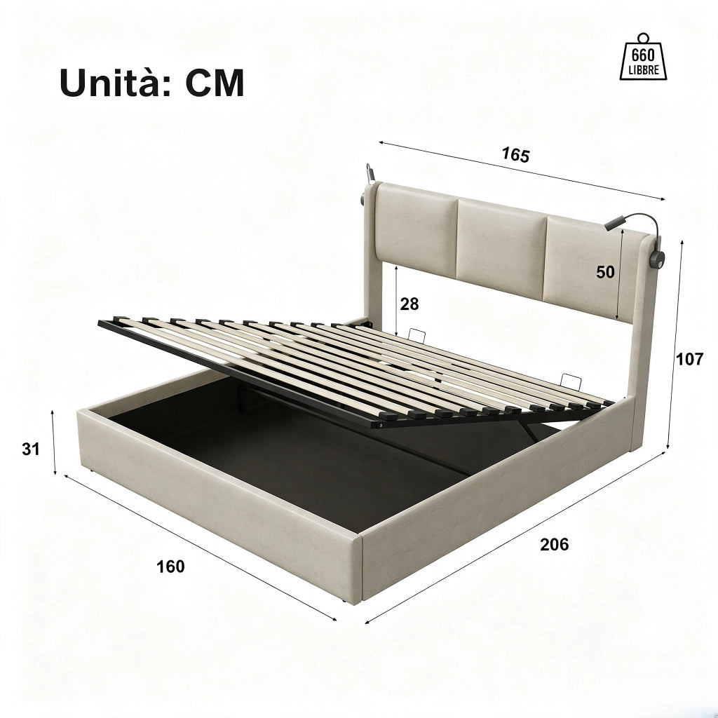 Letto matrimoniale contenitore 160x200 cm con testiera imbottita luci da lettura e rete a doghe struttura letto con ricarica USB in lino-beige