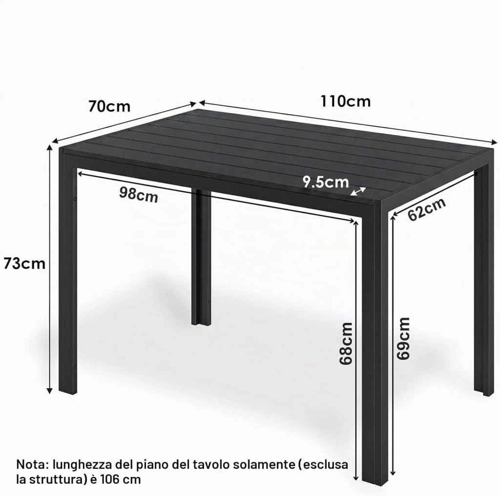 Tavolo da Giardino 110x70 cm, Tavolo da Terrazzo in WPC per 4-6 Persone, Tavolo da Balcone Resistente alle Intemperie con Telaio in Alluminio, Design Effetto Legno,Nero