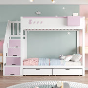 Letto a castello-Xylo-90x200cm, motivo conigli, cassetti, bianco+rosa