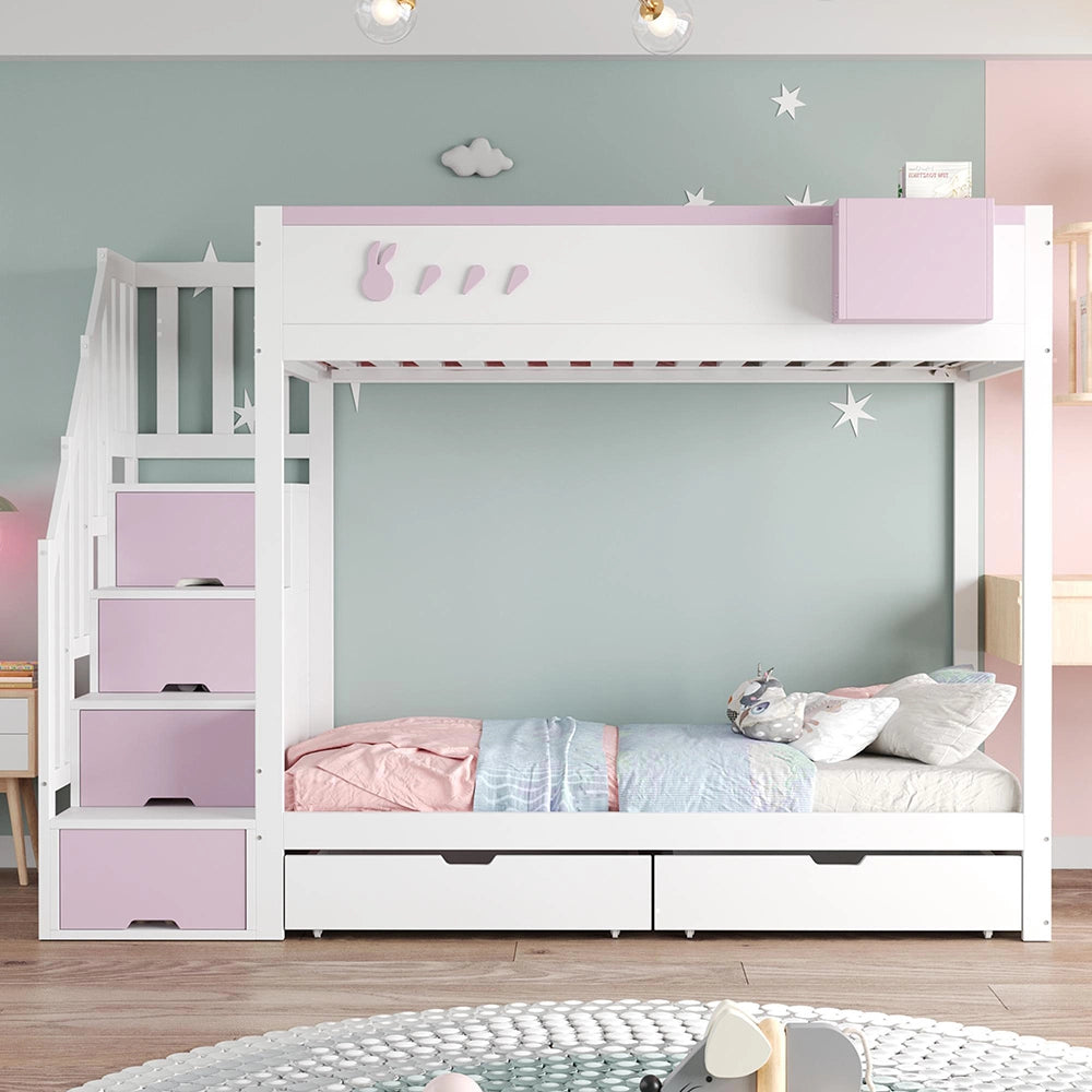 Letto a castello-Xylo-90x200cm, motivo conigli, cassetti, bianco+rosa