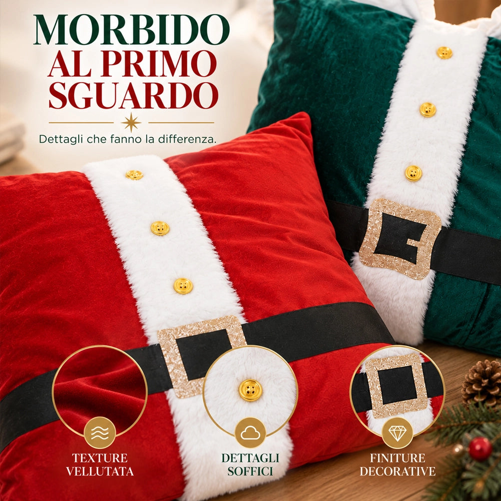 Set 2 Cuscini Babbo Natale Lui e Lei Decorazione 42x42cm Natalizio Verde e Rosso