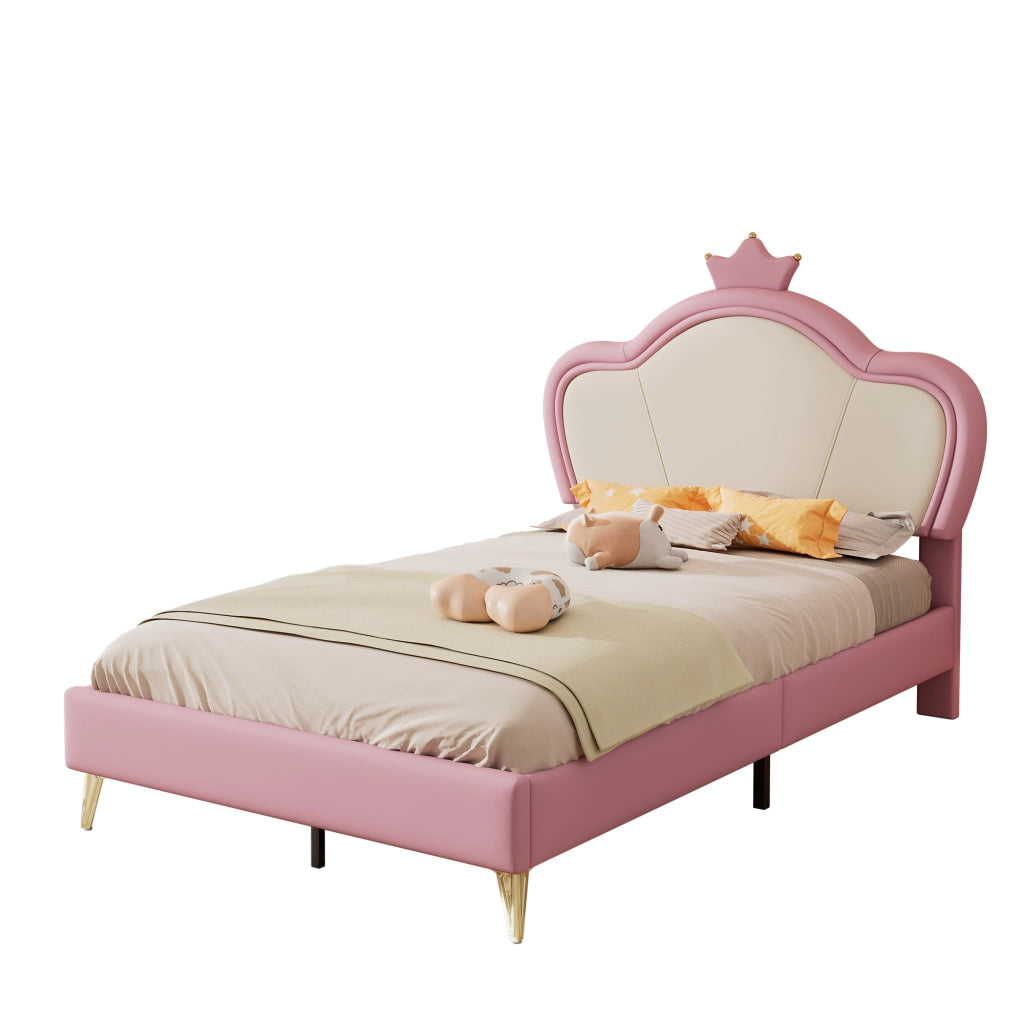 OKWISH Letto Bambini 90×200 cm, Letto Singolo con Bordi Imbottiti, Testiera Corona e 12 Doghe, senza Materasso, PU, Rosa e Bianco