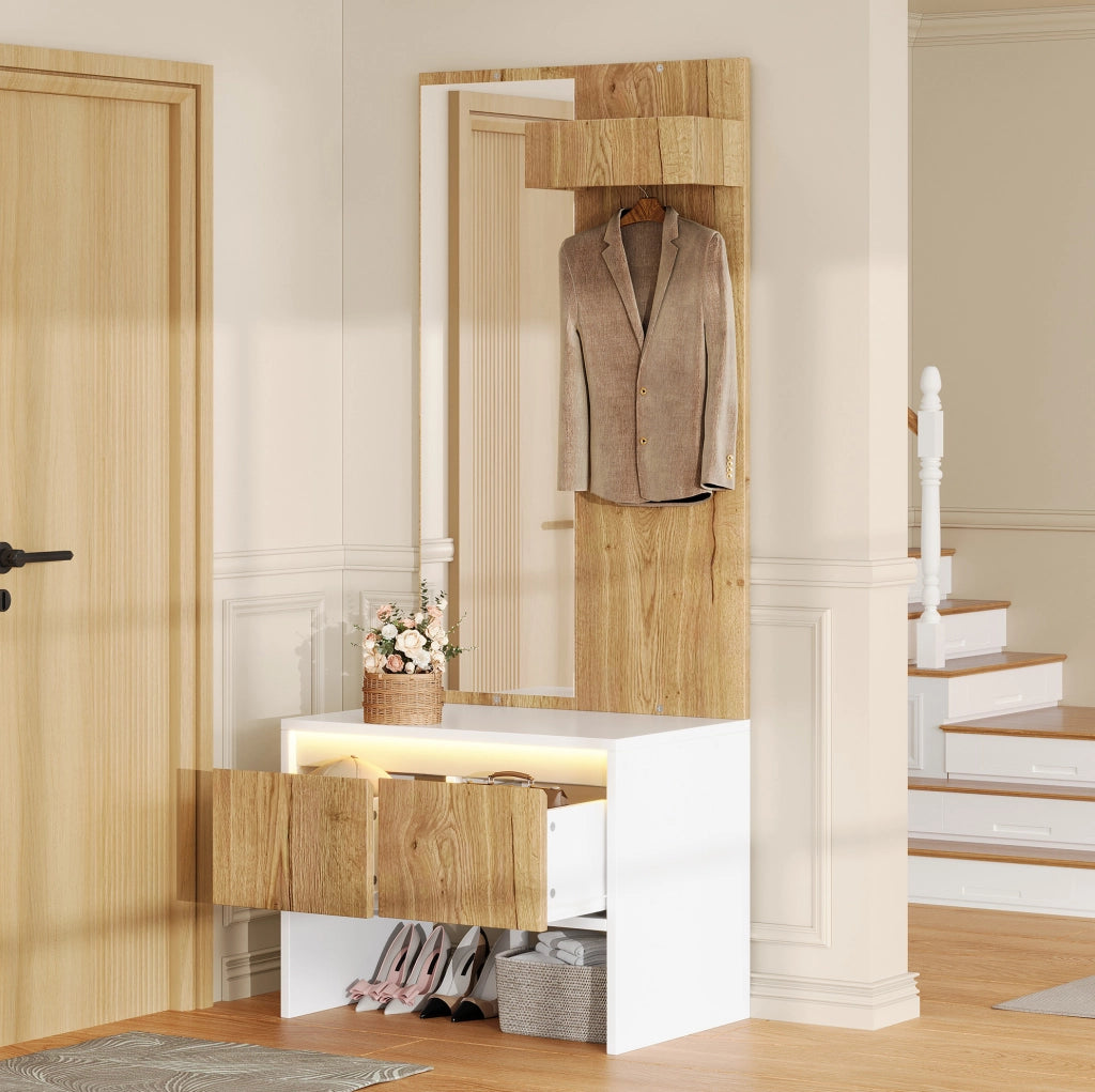 Set ingresso compatto con appendiabiti, specchio, panca e cassetti
