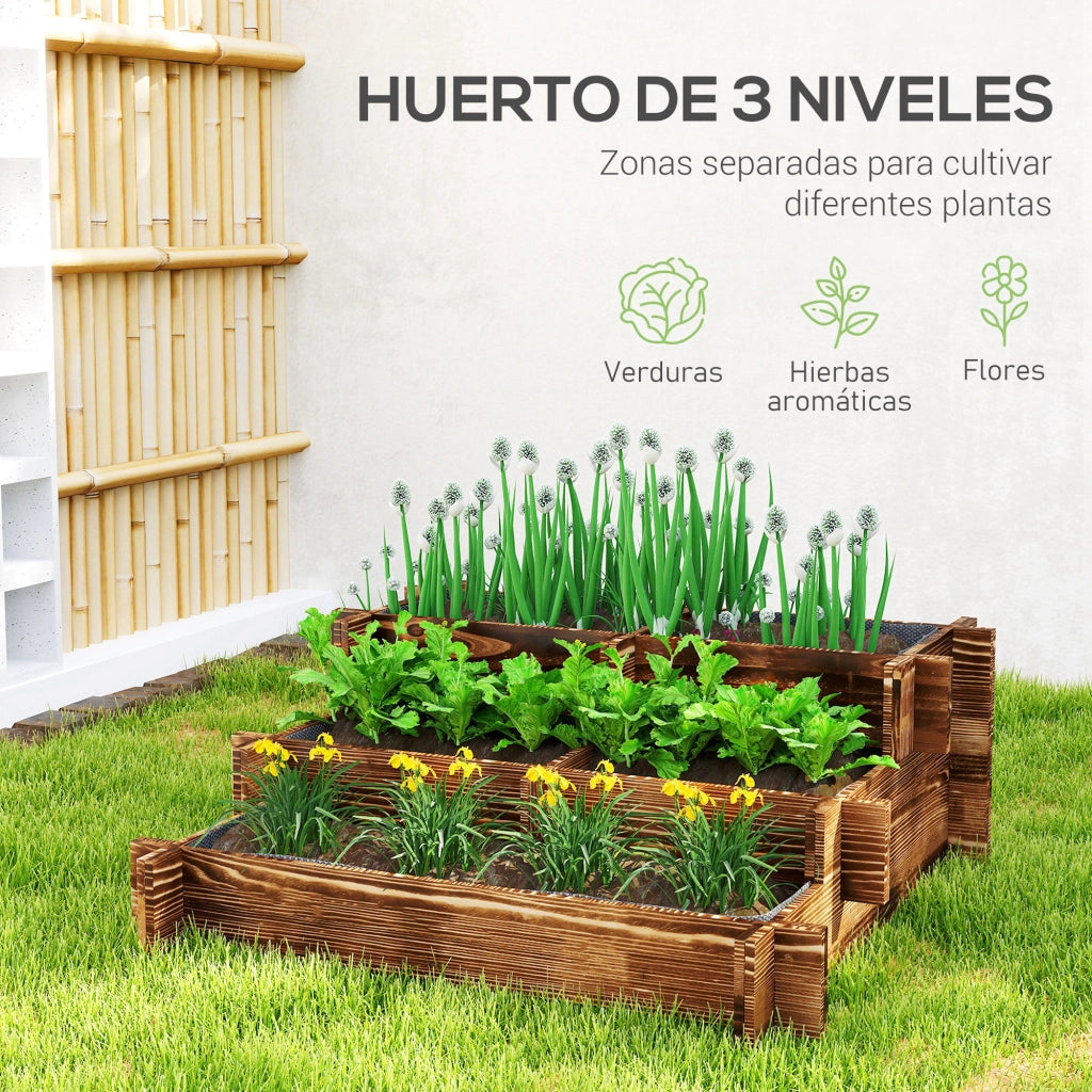 Fioriera a 3 Livelli da Giardino ¨C Xylo ¨C Legno Carbonizzato con Tessuto Non Tessuto 93x93x35 cm