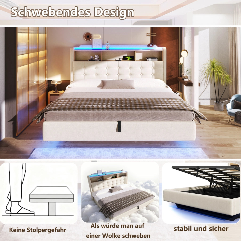 Letto imbottito 180x200 cm con LED; contenitore idraulico; USB e Type-C; beige