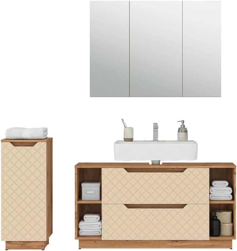 Set di mobili da bagno Lotta, Rovere/cashmere con struttura in piastrelle, 3 parti