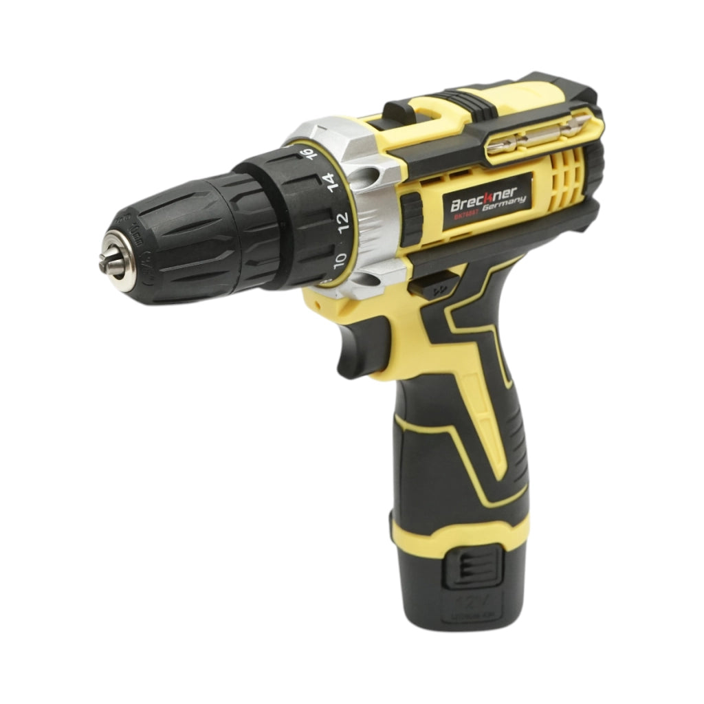 Avvitatore e trapano con 2 batterie 12V, 1.5Ah agli ioni di litio, coppia 25Nm, mandrino da 10mm, 0-350/1350 giri/min Breckner Germany