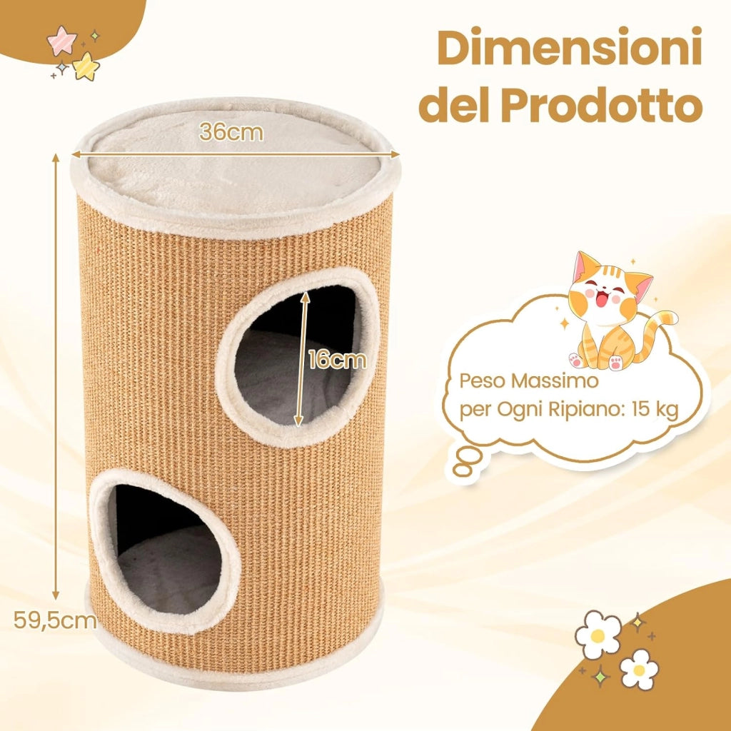 Cuccia per Gatti a 3 Piani, Cassetta Multilivello con Tappetino per Graffi in Sisal e Letto Morbido per Pisolini, Torre a Forma di Barile per Gattini, 36 x 36 x 60 cm
