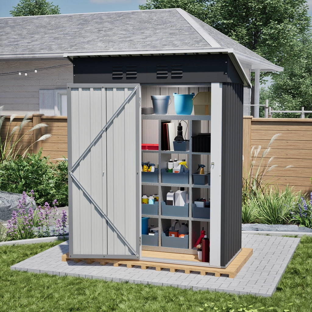 Armadio da giardino con porta in metallo chiudibile senza finestre in acciaio nero per attrezzi 152 × 84 × 182 cm